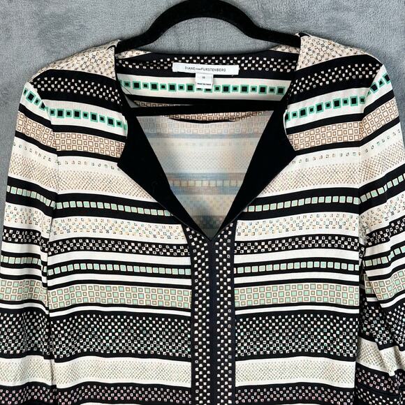 Diane Von Furstenberg Dress Womens 10 Black Striped 100% Silk Aztec Quiet Luxury - Picture 2 of 14